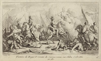 Zwycięstwo Rogera I, hrabiego Carcassonne, nad Oliba Cabreta, 981 (grafika) autorstwa Charles Nicolas II Cochin