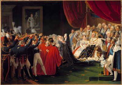 Księżna Berry przedstawia swemu synowi księcia Bordeaux ludowi i wojsku: Maria Karolina de Bourbon Sycylia, księżna Berry, przedstawia swego syna księcia Bordeaux ludowi i wojsku w obecności króla Ludwika XVIII, otacza autorstwa Charles Nicolas Raphael Lafond
