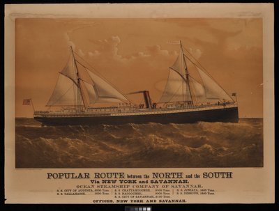 Popularna trasa między Północą a Południem przez Nowy Jork i Savannah, Ocean Steamship Company of Savannah... Miasto Augusta... (litografia, kolorowana) autorstwa Charles Parsons