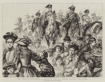 Manewry wojskowe, szarża 8. Huzarów rozprasza tłum autorstwa Charles Paul Renouard