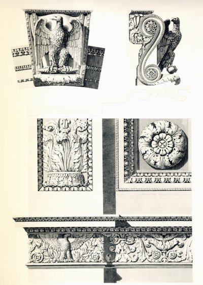 Dekoracja z orłami, rozetami i liśćmi akantu dla Arc de Triomphe du Carrousel, Charles Percier (1764-1838) i Pierre Francois Leonard Fontaine (1762-1853), rycina Louis Pierre Baltard (1764-1846), detal, Francja autorstwa Charles Percier