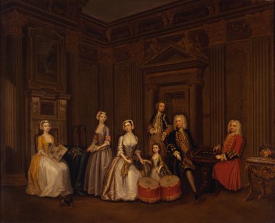 Portret Algernona Seymoura, lorda Hertforda (później siódmego księcia Somerset) z pułkownikiem Tomkinsem Wardourem, pułkownikiem Brownem, lordem Beauchamp, Frances, Lady Hertford, Lady Elizabeth Seymour i panną Herbert autorstwa Charles Philips