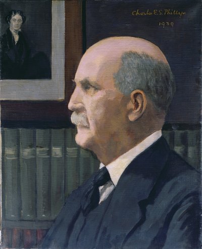 William Henry Bragg (1862-1942) ze zdjęciem Michaela Faradaya (1791-1867) w tle, 1939 autorstwa Charles Phillips