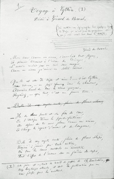 Poemat z autografem „Voyage a Cythere” (pióro i atrament na papierze) (zdjęcie czarno-białe) autorstwa Charles Pierre Baudelaire