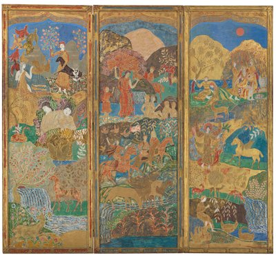 Trójpanelowy parawan, ok. 1916-17 (olej i złoty płatek na drewnie zagęszczonym) autorstwa Charles Prendergast