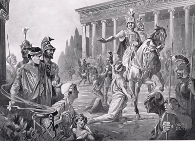 Aleksander podczas zdobycia Teb w 335 r. p.n.e., ilustracja z "Hutchinson