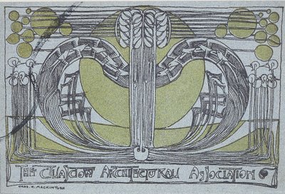 Conversazione Program dla Glasgow Architectural Association, 1894 (linoryt wydrukowany w czerni i zieleni na jasnoniebieskim papierze) autorstwa Charles Rennie Mackintosh