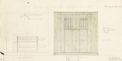 Projekt szafy, pokazany na elewacji frontu i wnętrza, ok. 1899-1900 (Ołówek, akwarela) autorstwa Charles Rennie Mackintosh