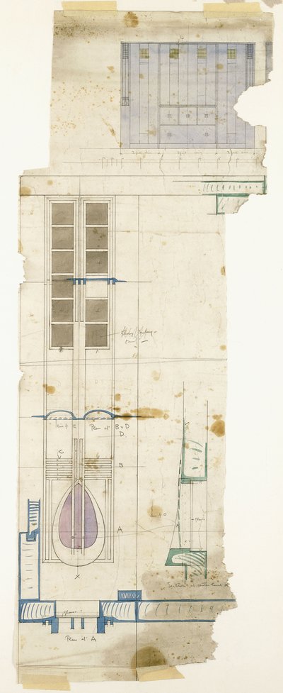 Projekt szafy, pokazany na elewacji, z do połowy pełnowymiarowymi detalami płyciny ozdobnej, 1904 autorstwa Charles Rennie Mackintosh