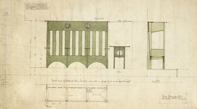 Projekt ławek i stołu, pokazany na planie elewacji i przekroju autorstwa Charles Rennie Mackintosh