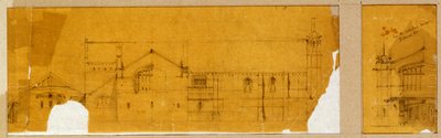 Projekt elewacji kościoła pokazanego na elewacji oraz projekt pomocniczy wejścia do kościoła pokazanego na elewacji, ok.1895-99 autorstwa Charles Rennie Mackintosh