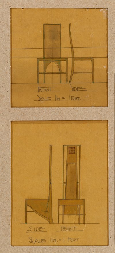 Projekty krzeseł prezentowanych w elewacjach frontowych i bocznych, dla Room de Luxe, Willow Tea Rooms autorstwa Charles Rennie Mackintosh