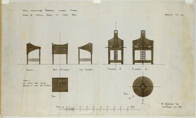 Projekty biurek na elewacjach frontowych i bocznych, dla Herbaciarni Ingram Street, 1909 autorstwa Charles Rennie Mackintosh