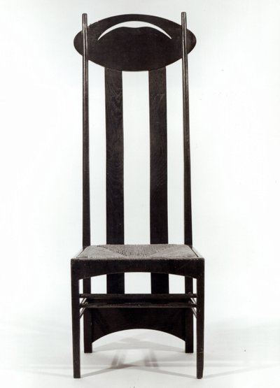 Krzesło z wysokim oparciem, ok. 1897 (ciemny dąb bejcowany z siedziskiem trzcinowym i owalnymi otworami z tyłu) autorstwa Charles Rennie Mackintosh