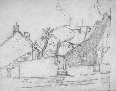 Szkic angielskiej wioski z dachem krytym strzechą na pierwszym planie, ok. 1920 r. autorstwa Charles Rennie Mackintosh