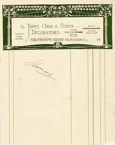 Projekt papeterii dla John Orr & Sons, Glasgow, ok. 1894-1898 (papier drukowany) autorstwa Charles Rennie Mackintosh