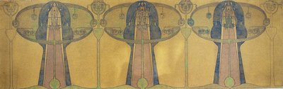 Dekoracyjny fryz stylizowanych postaci ludzkich, form drzew i roślin, ok. 1895 (ołówek i akwarela na szarym papierze artystycznym) autorstwa Charles Rennie Mackintosh