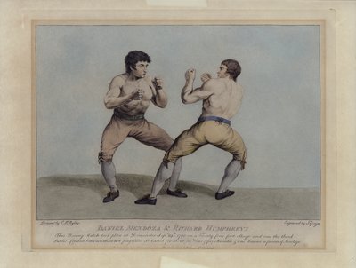 Angielscy zawodnicy Daniel Mendoza i Richard Humphreys podczas meczu bokserskiego 29 września 1790 r. (grawerowanie) autorstwa Charles Reuben (after) Ryley