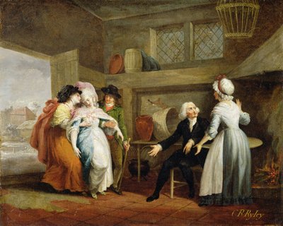 „Kolacja w Hayfields” (zaskoczony kapelanem pana Thornhilla) vol.1, rozdział VIII z „Wikariusza Wakefielda” Olivera Goldsmitha, 1786 autorstwa Charles Reuben Ryley