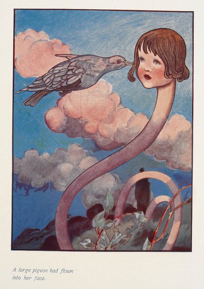 Duży gołąb wleciał jej w twarz.
Alice z długą szyją. autorstwa Charles Robinson