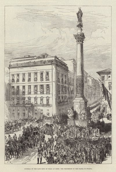 Pogrzeb zmarłego króla Włoch w Rzymie, procesja na Piazza di Spagna autorstwa Sir John Charles Robinson