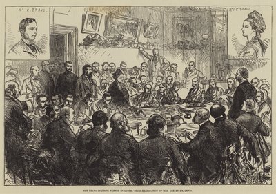 Dochodzenie Bravo, szkic w sądzie, przesłuchanie pani Cox przez pana Lewisa autorstwa Sir John Charles Robinson