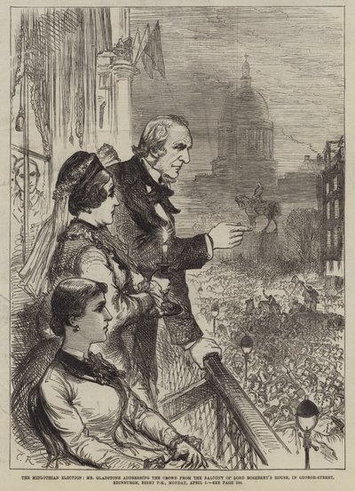 Wybory w Midlothian, pan Gladstone przemawiający do tłumu z balkonu Lord Rosebery House, George-Street, Edynburg, godz. 20:00, poniedziałek, 5 kwietnia autorstwa Sir John Charles Robinson