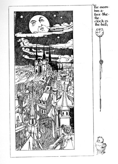 Księżyc ma twarz jak zegar w Sali", ilustracja z "Dziecięcego ogrodu wersów" Roberta Louisa Stevensona, 1896 r. autorstwa Sir John Charles Robinson