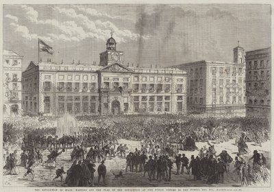 Rewolucja w Hiszpanii, wywieszanie flagi rewolucji w urzędach publicznych na Puerta del Sol w Madrycie autorstwa Sir John Charles Robinson