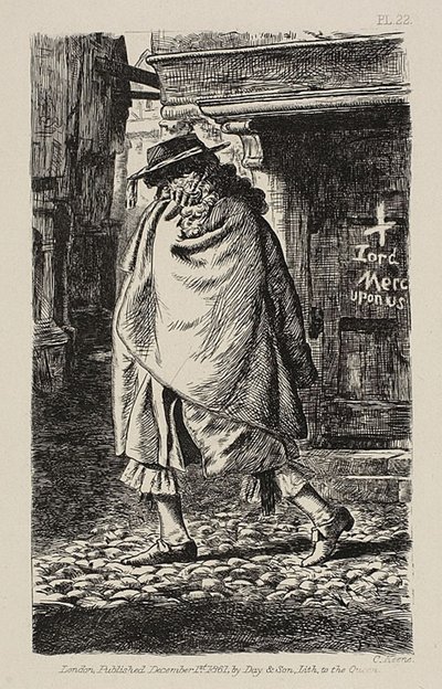 Zamaskowana postać przechodząca przez ulicę (w czasie zarazy w Londynie) autorstwa Charles Samuel Keene