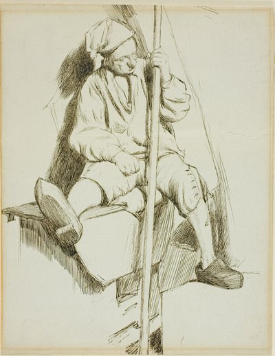 Siedzący mężczyzna trzymający laskę w lewej ręce autorstwa Charles Samuel Keene