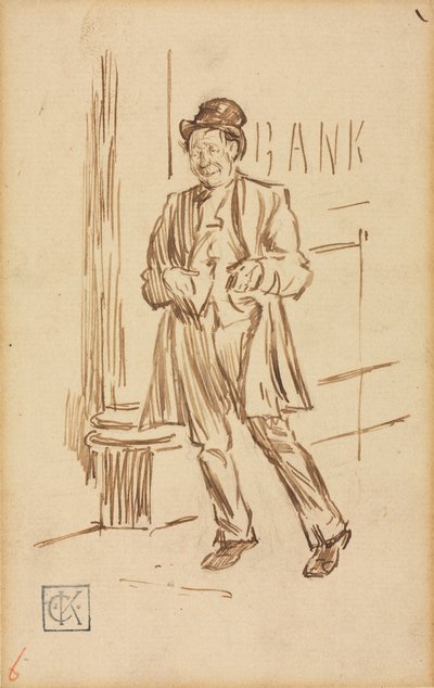 Studium pijanego mężczyzny przechodzącego obok banku. autorstwa Charles Samuel Keene