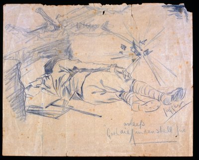Porucznik Leslie Gooldie śpi pod ostrzałem pocisków, 1915 autorstwa Charles Sergeant Jagger