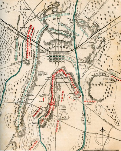 Mapa bitwy pod Gettysburgiem, Pensylwania, 1-3 lipca 1863 1862-1867. autorstwa Charles Sholl