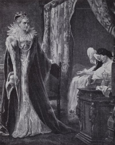 Hrabina Nottingham zwraca pierścień hrabiego Essex królowej Elżbiecie I, ale za późno, by uratować go przed egzekucją (litografia) autorstwa Charles Soubre
