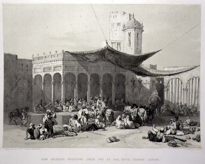 Panjab: Sikh Soldiers otrzymujący wynagrodzenie w Royal Durbar, Lahore, płyta 12 z „Recollections of India”, grawerowana przez Jamesa Duffielda Hardinga (1798-1863) 1847 (lito) autorstwa Charles Stewart (after) Hardinge