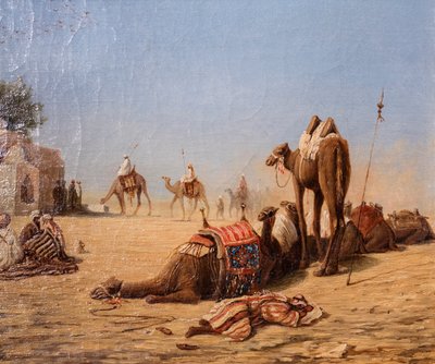 La halte des chameliers au caravanserail (olej na płótnie) autorstwa Charles Theodore (1814-88) Frere