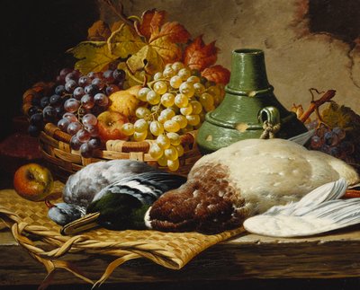 Krzyżówka i gołąb leśny z koszem jabłek i winogron na drewnianej półce, autorstwa Charles Thomas Bale