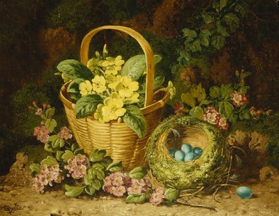 Pierwiosnki w koszu, japonica i ptasie gniazdo, autorstwa Charles Thomas Bale