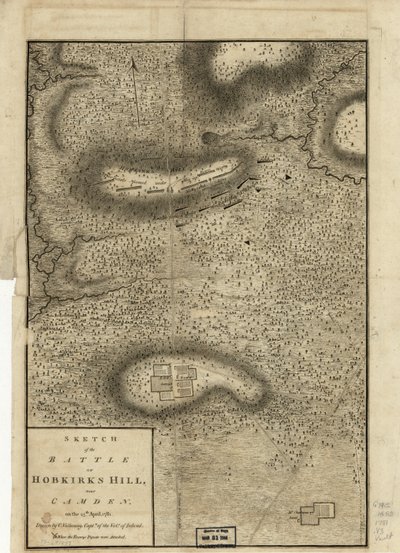 Szkic bitwy pod Hobkirks Hill, niedaleko Camden, 25 kwietnia 1781, opublikowany w Londynie, 1794 autorstwa Charles Vallancey