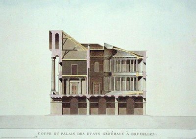 Przekrój Palais des Etats Generaux, Bruksela, z „Wybór najbardziej niezwykłych zabytków, budynków i domów Królestwa Niderlandów” Pierre Jacques Goetghebuer, opublikowany 1827 (akwatinta) (patrz także 189230) autorstwa Charles Vander Straeten