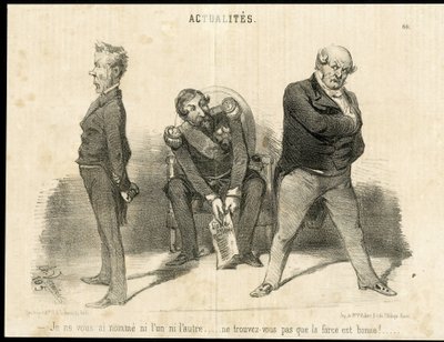 Ilustracja Charlesa Verniera (?-1887) w Le Charivari - Prezydent Republiki, Ministere, Fotel (symbol władzy) - Napoleon III, Barrot Odilon (1791-1873), Minister, Faucher Leon (1803-1854) autorstwa Charles Vernier