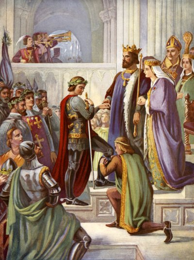 Inwestytura Czarnego Księcia jako Rycerza Podwiązki (kolor lito) autorstwa Charles West (after) Cope