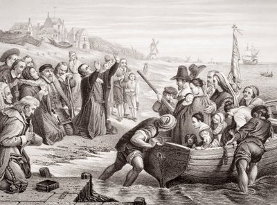 Wyjazd Ojców Pielgrzymów z Delft Haven w lipcu 1620 r. z „Illustrations of English and Scottish History” Tom I (rycina) autorstwa Charles West Cope