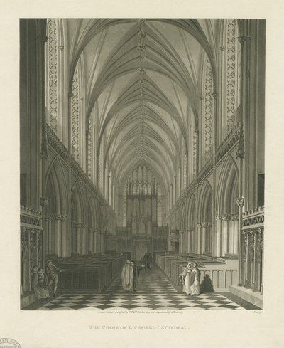 Wnętrze katedry w Lichfield - Chór: grawerunek akwatinty autorstwa Charles Wild