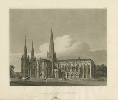 Katedra w Lichfield - widok na południowy wschód: grawerunek akwatinty, 1813 r. autorstwa Charles Wild