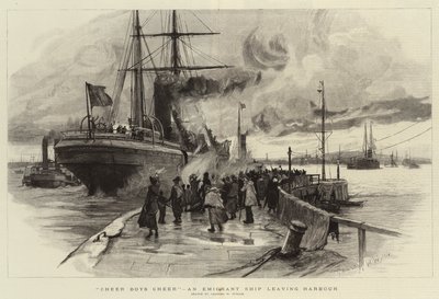 Cheer Boys Cheer, statek emigrantów opuszczający port autorstwa Charles William Wyllie