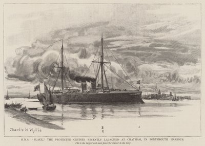 HMS Blake, chroniony krążownik niedawno zwodowany w Chatham w porcie Portsmouth autorstwa Charles William Wyllie