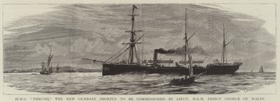 HMS Thrush, nowy Gunboat, który wkrótce zostanie oddany do użytku przez porucznika HRH Księcia Walii Jerzego. autorstwa Charles William Wyllie