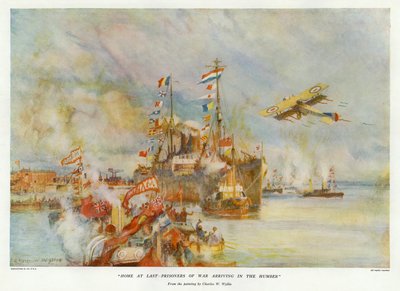 W końcu w domu - Jeńcy wojenni przybywający Humberem (kolor lito) autorstwa Charles William Wyllie